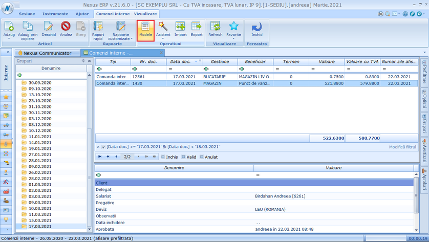 Buton operare documente specifice activităților complementare, în aplicația NexusEasyRetail